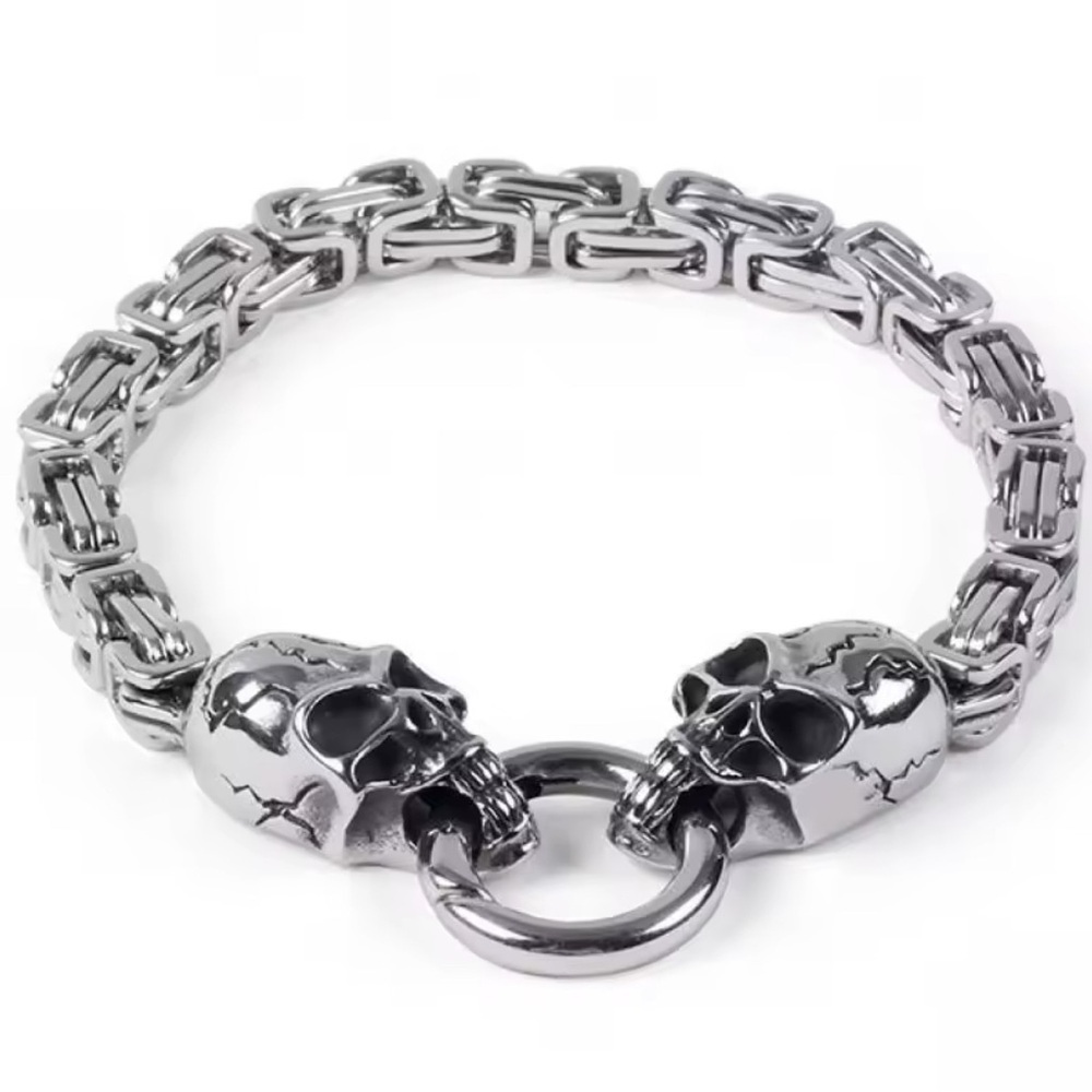 Sterling Silver Double Skull Bracelet Faucet Chain Link Design Biker Streetwear
